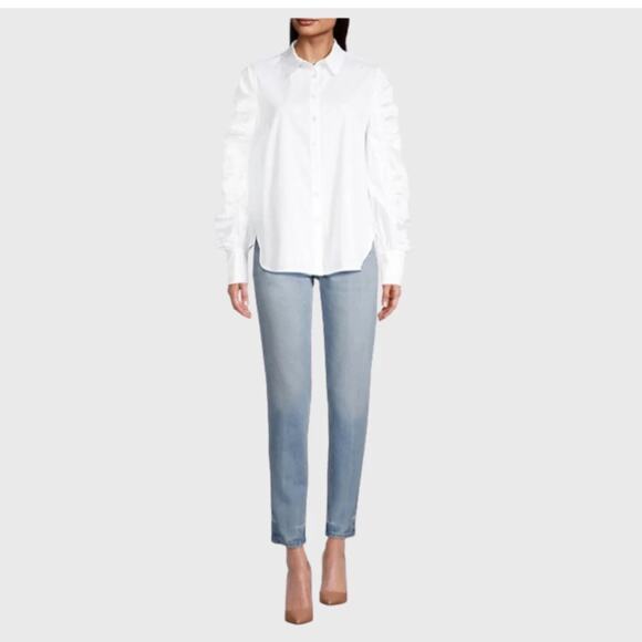 Harshman Tops - Harshman Juliana White Cotton Ruched Sleeve Shirt Size M NWT
